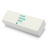 Personalized leather eyeglass case with 'YOUR DESIGN HERE' text, suitable for custom gifts for men and women.