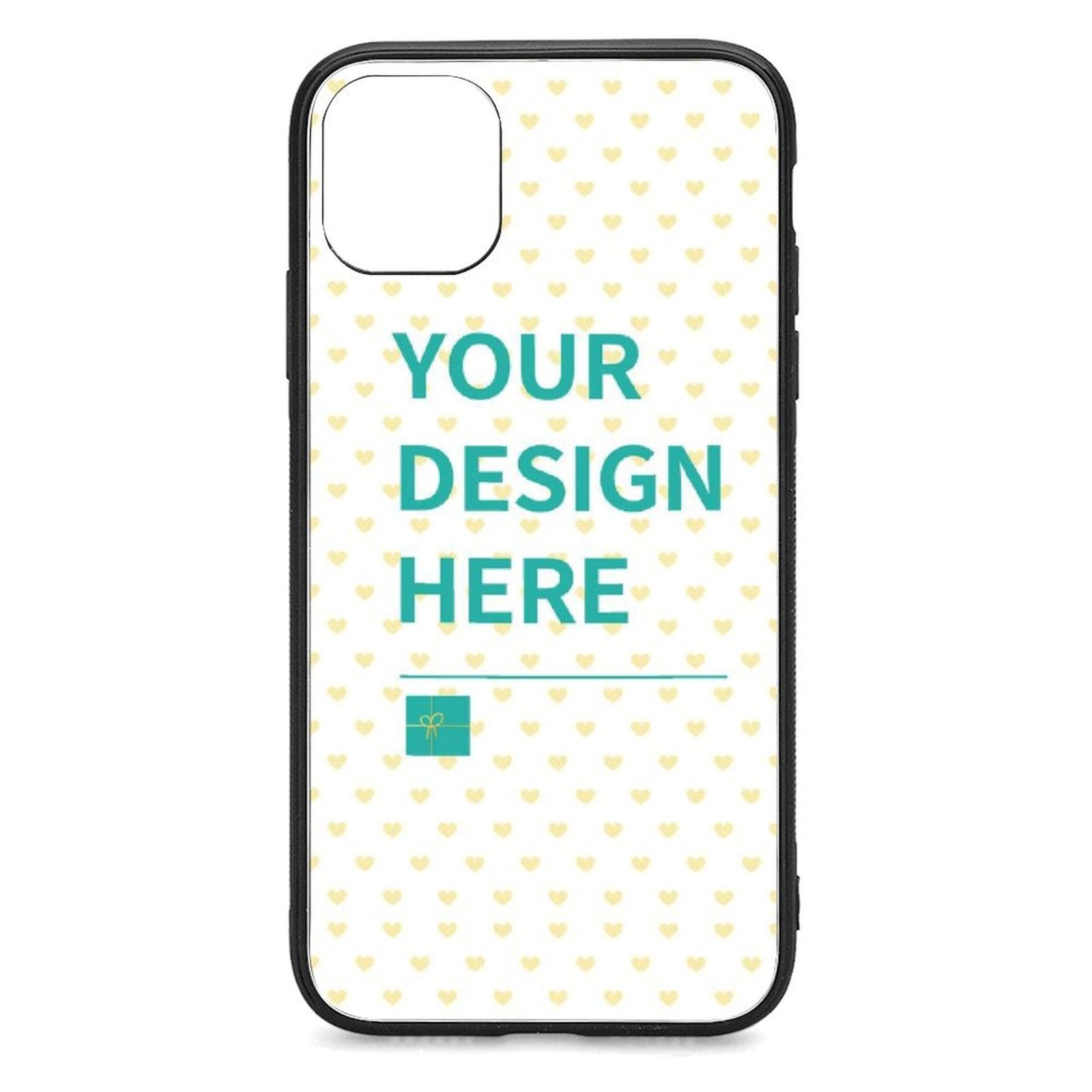 Custom iPhone 11 case with YOUR DESIGN HERE text and heart pattern, anti-scratch, from MyArtsyGift.com