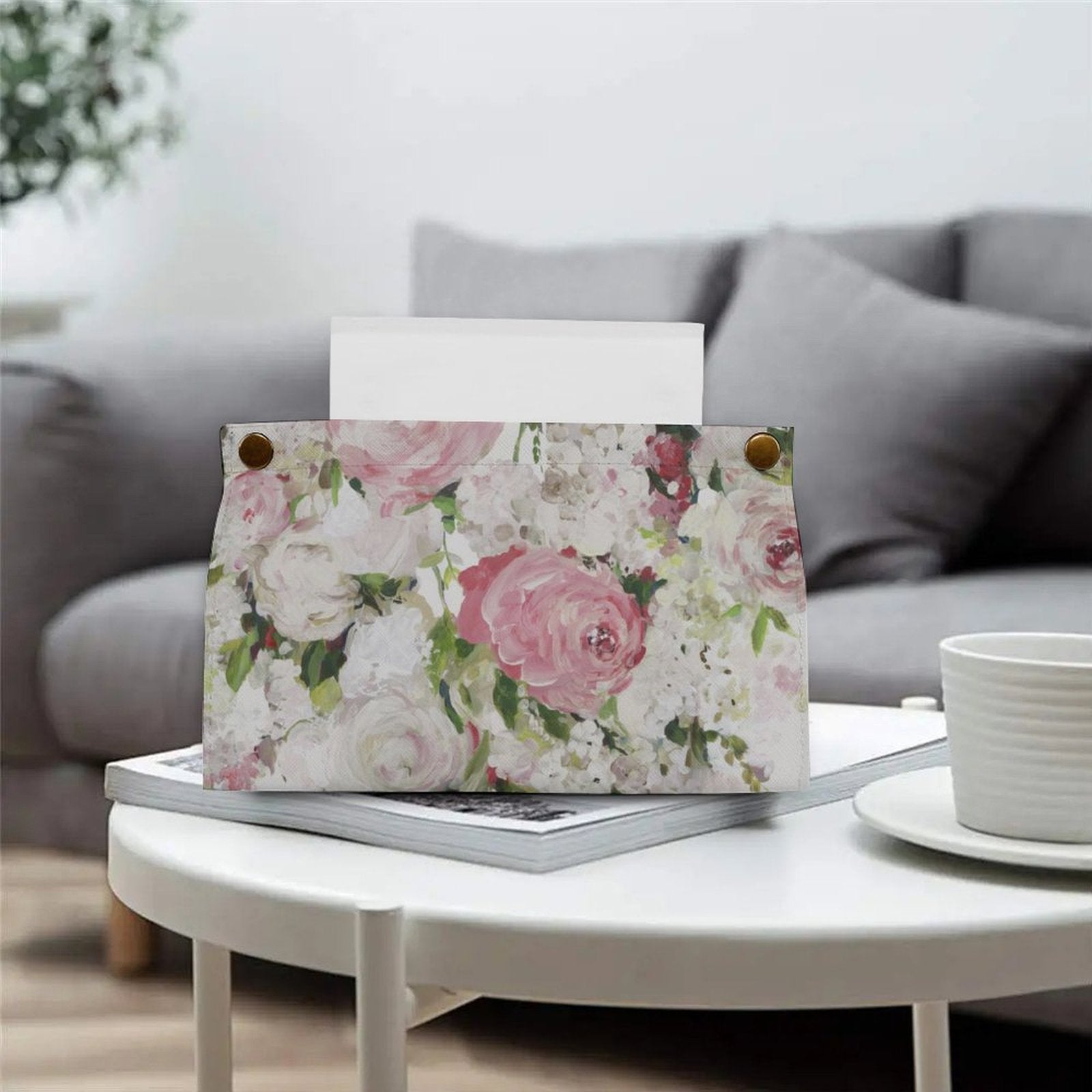 Floral PU tissue box cover with pink roses, rectangular design, ideal for bathroom or office, stylish.