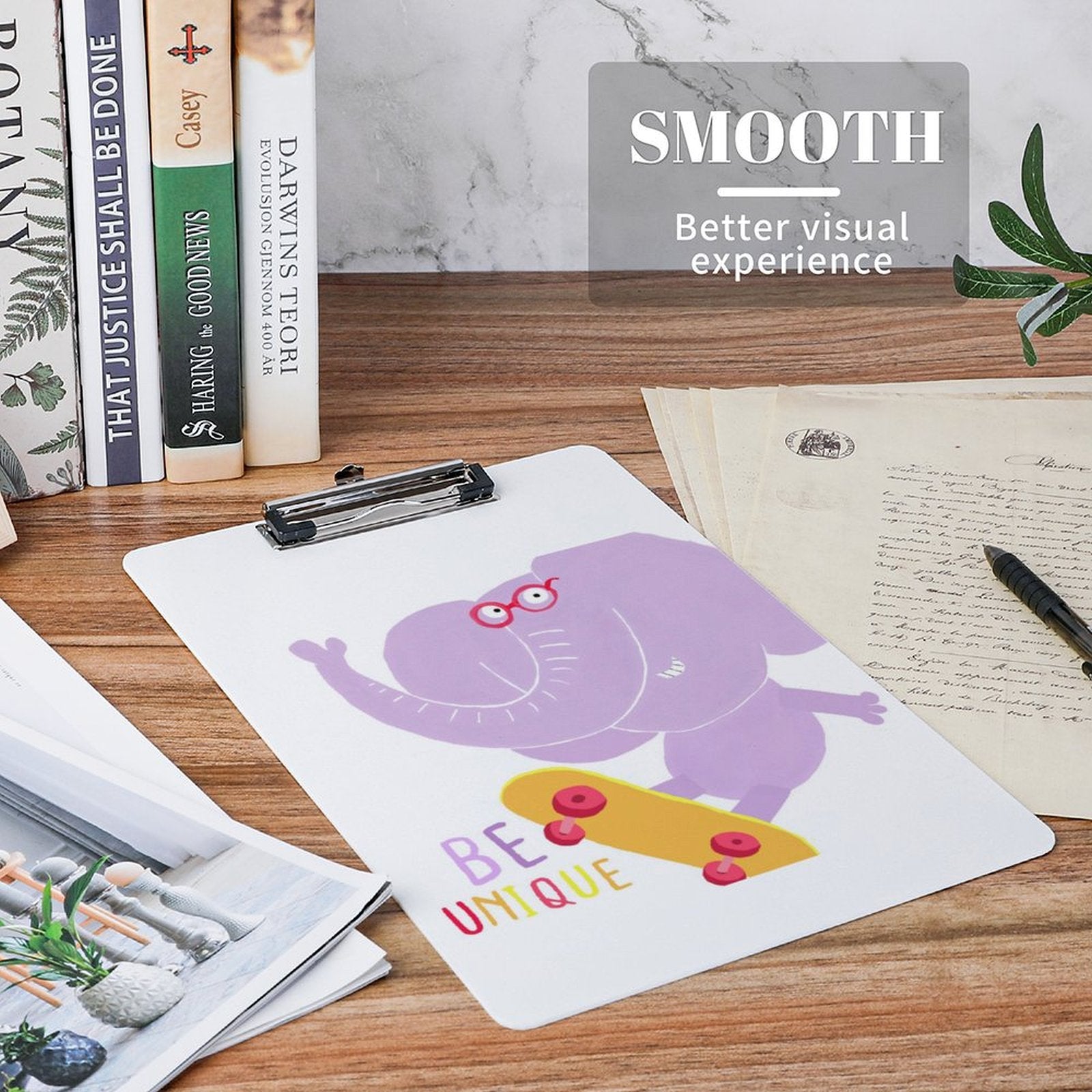 Acrylic clipboard with unique elephant design and 'BE UNIQUE' quote, ideal for students, office & school supplies