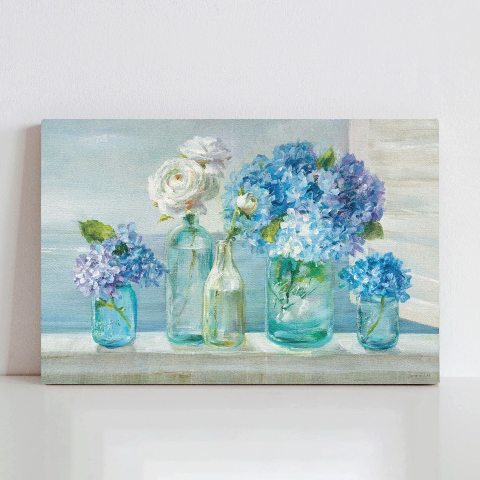 Canvas print of hydrangeas and white roses in glass jars, perfect wall decor for living rooms.