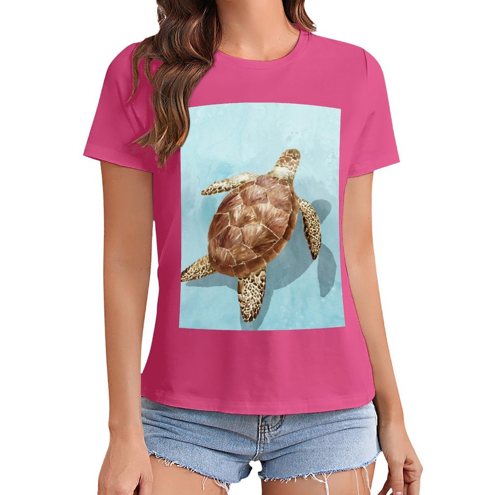 Pink women's t-shirt with sea turtle graphic print, crewneck tee, summer fashion, MyArtsyGift