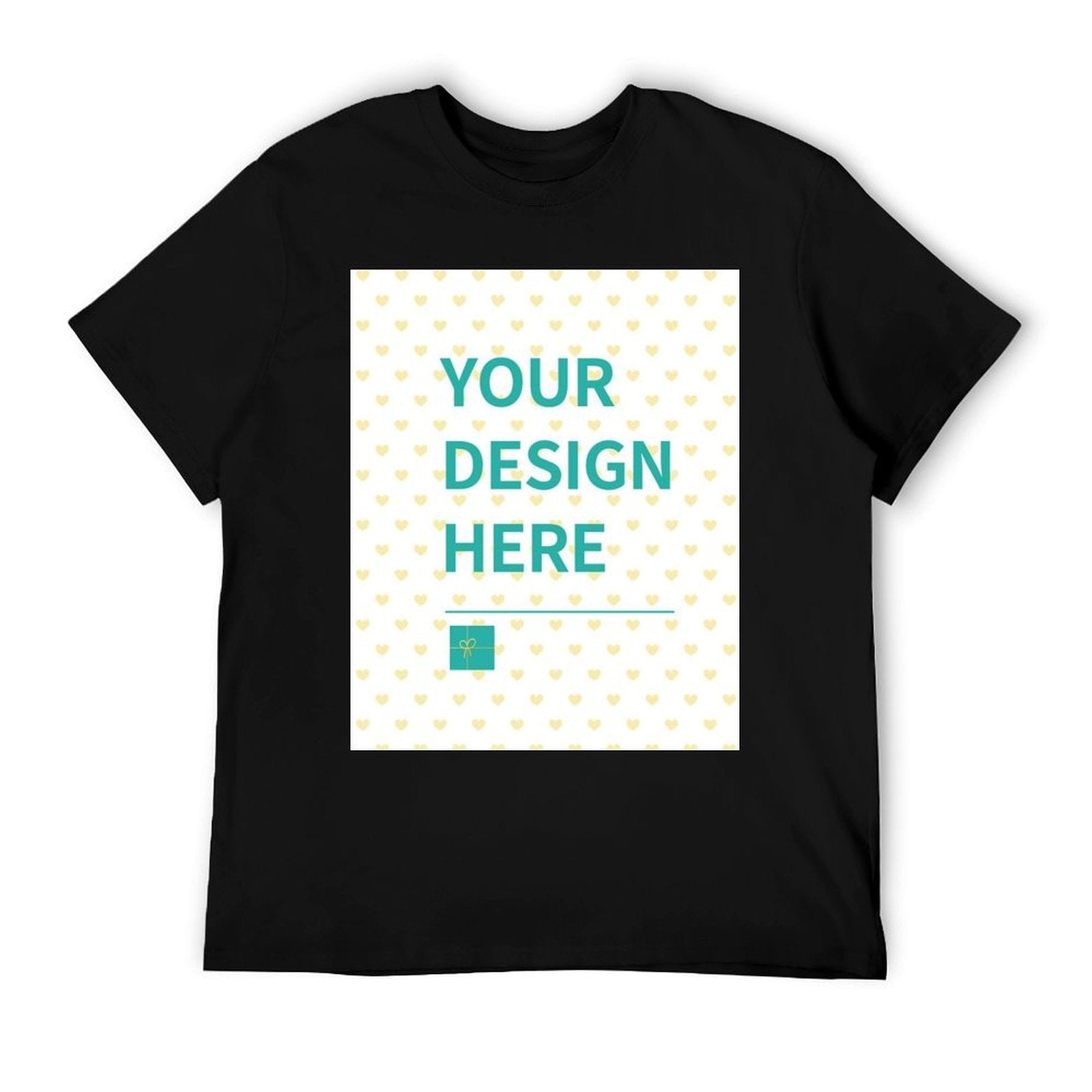 Black cotton men's t-shirt with 'YOUR DESIGN HERE' print, perfect for summer customization at MyArtsyGift.