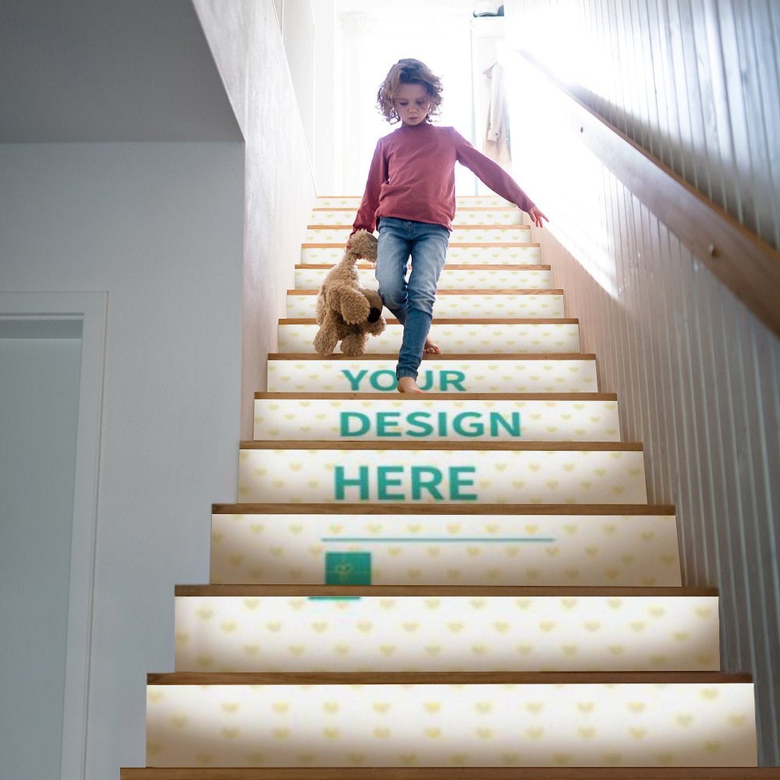 Custom stair stickers with heart pattern design, personalized with 'Your Design Here' on stair risers.