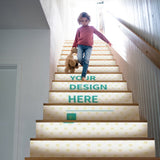 Custom stair stickers with heart pattern design, personalized with 'Your Design Here' on stair risers.