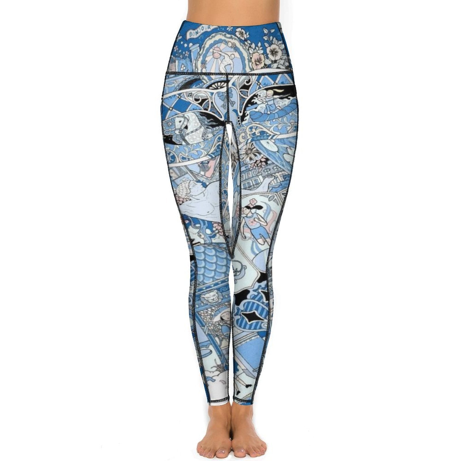 High-waisted blue patterned yoga leggings for women, BONJOUR detail, workout and running wear
