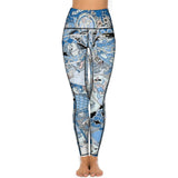 High-waisted blue patterned yoga leggings for women, BONJOUR detail, workout and running wear