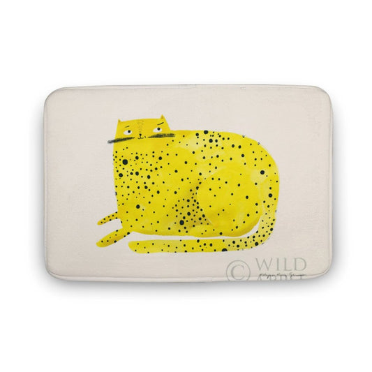Coral velvet bath rug with a yellow cat design; non-slip, fast-drying bathroom carpet.