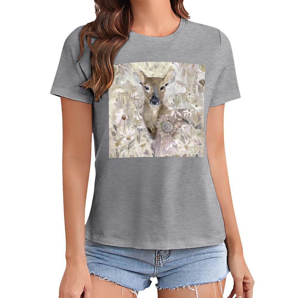 Women's gray t-shirt with deer graphic, short sleeve crewneck tee