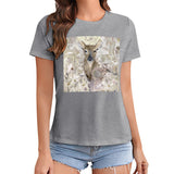Women's gray t-shirt with deer graphic, short sleeve crewneck tee