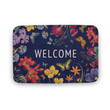 Coral velvet bath rug with floral design, butterfly, and WELCOME text, non slip, quick dry for bathroom, kitchen, and bedroom