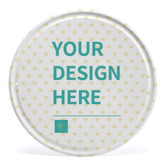 Custom round tin sign with space for your design; ideal for home decor, kitchen, and bar decoration. Metal wall art.