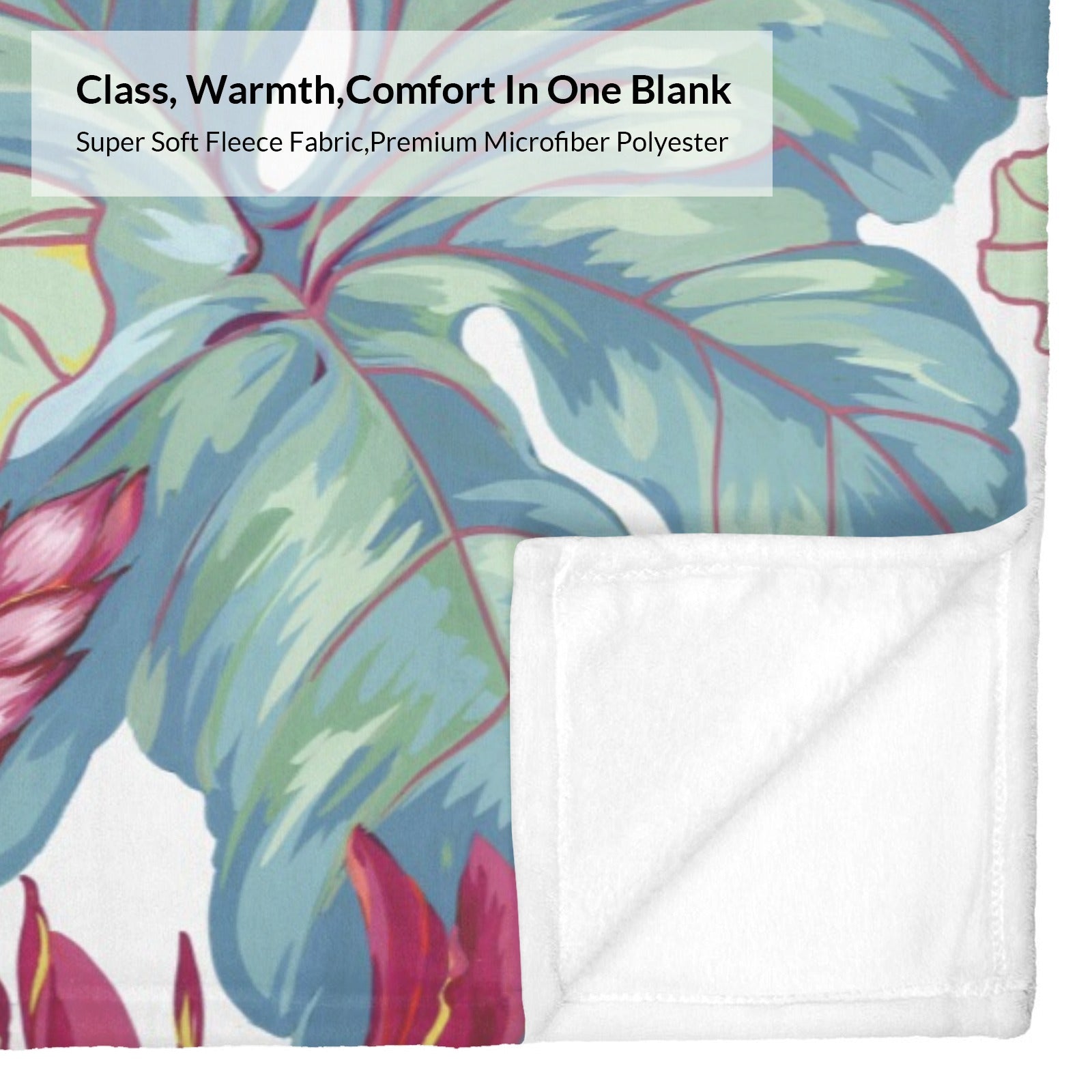 Tropical plants and flower flannel blanket with soft fleece fabric. Perfect for sofa or bed.