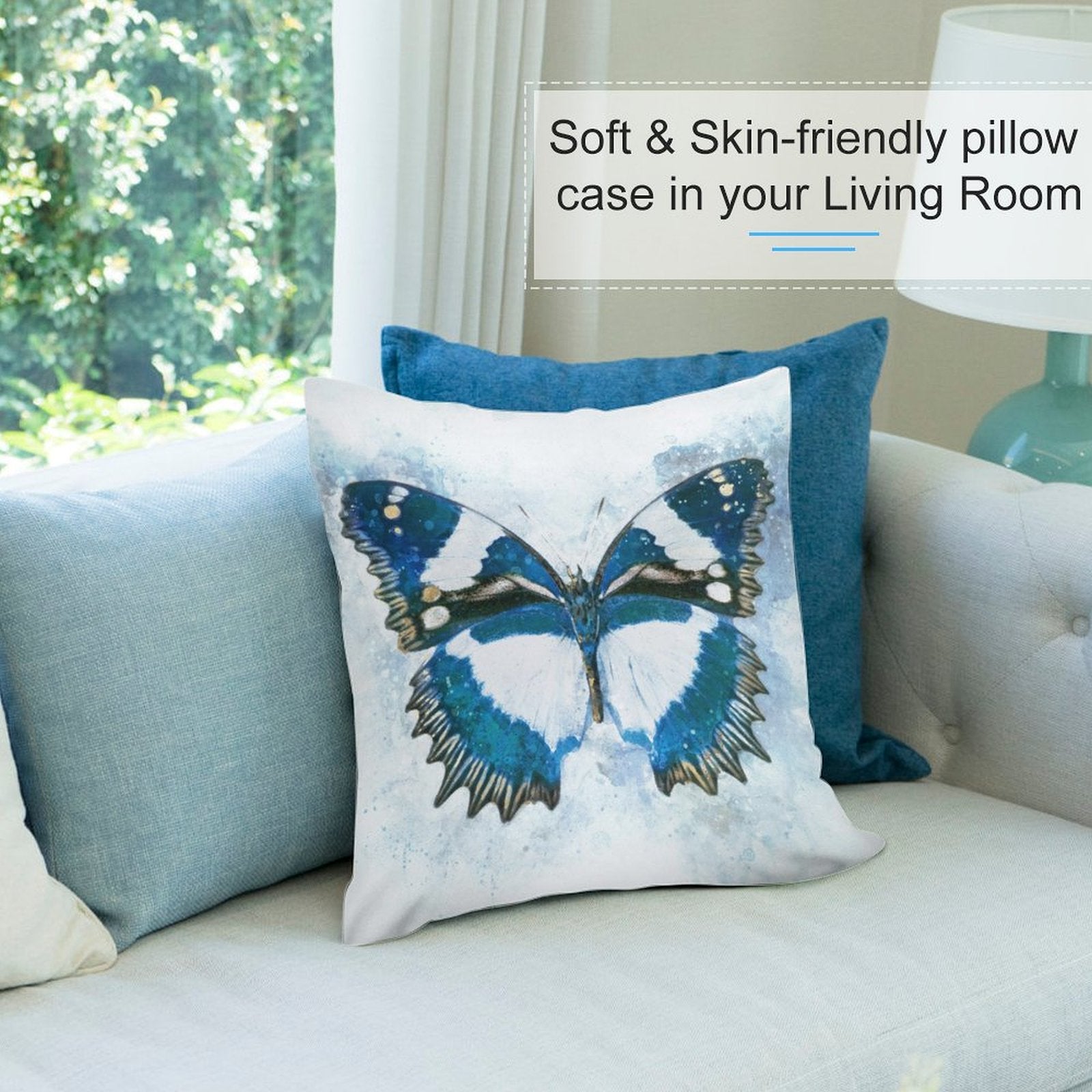 Soft plush pillow cover with blue watercolor butterfly design for living room, featuring soft and skin-friendly material.