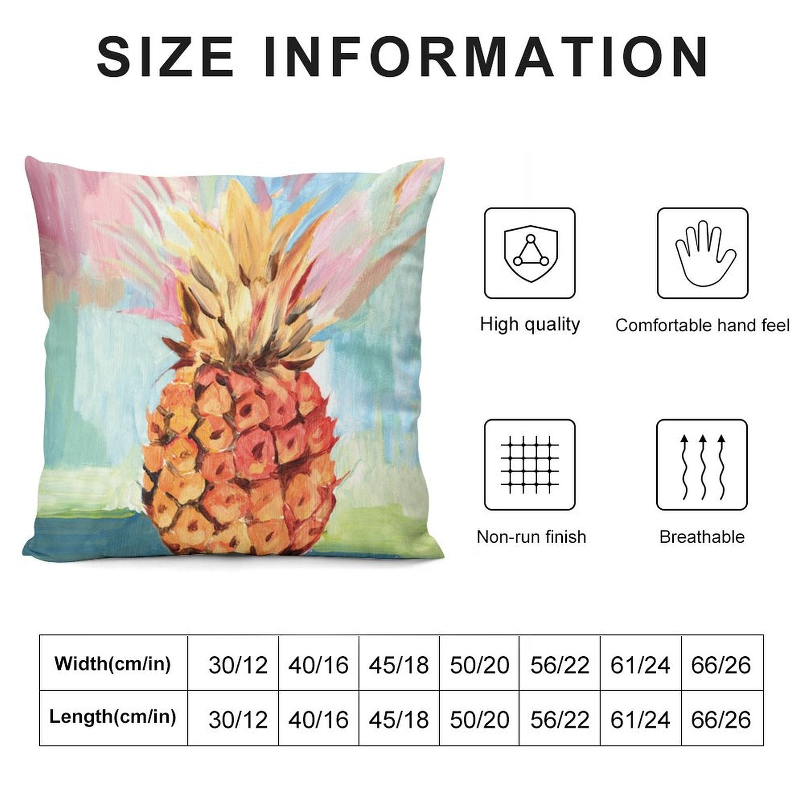 Plush pillow cover with pineapple design, features high quality, comfortable feel, non-run, breathable. Size chart included.