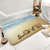 Coral velvet bath rug with beach scene and LOVE text, non-slip bathroom carpet