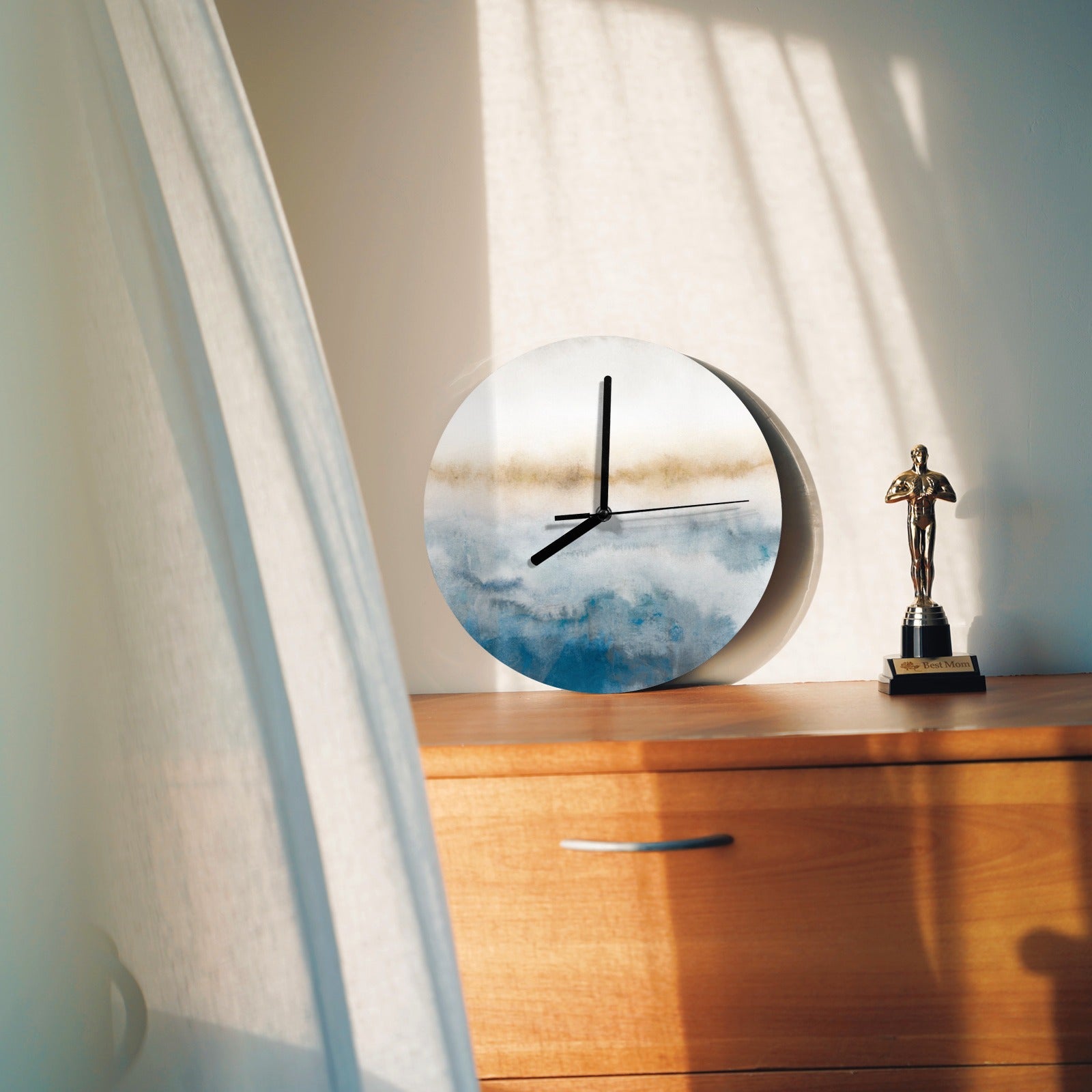 Modern MDF wall clock with watercolor design, perfect for living room, kitchen, or office decor with a best mom trophy
