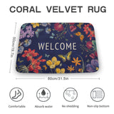 Coral velvet bath rug with floral design and WELCOME text, non-slip and absorbent for bathroom and bedroom.