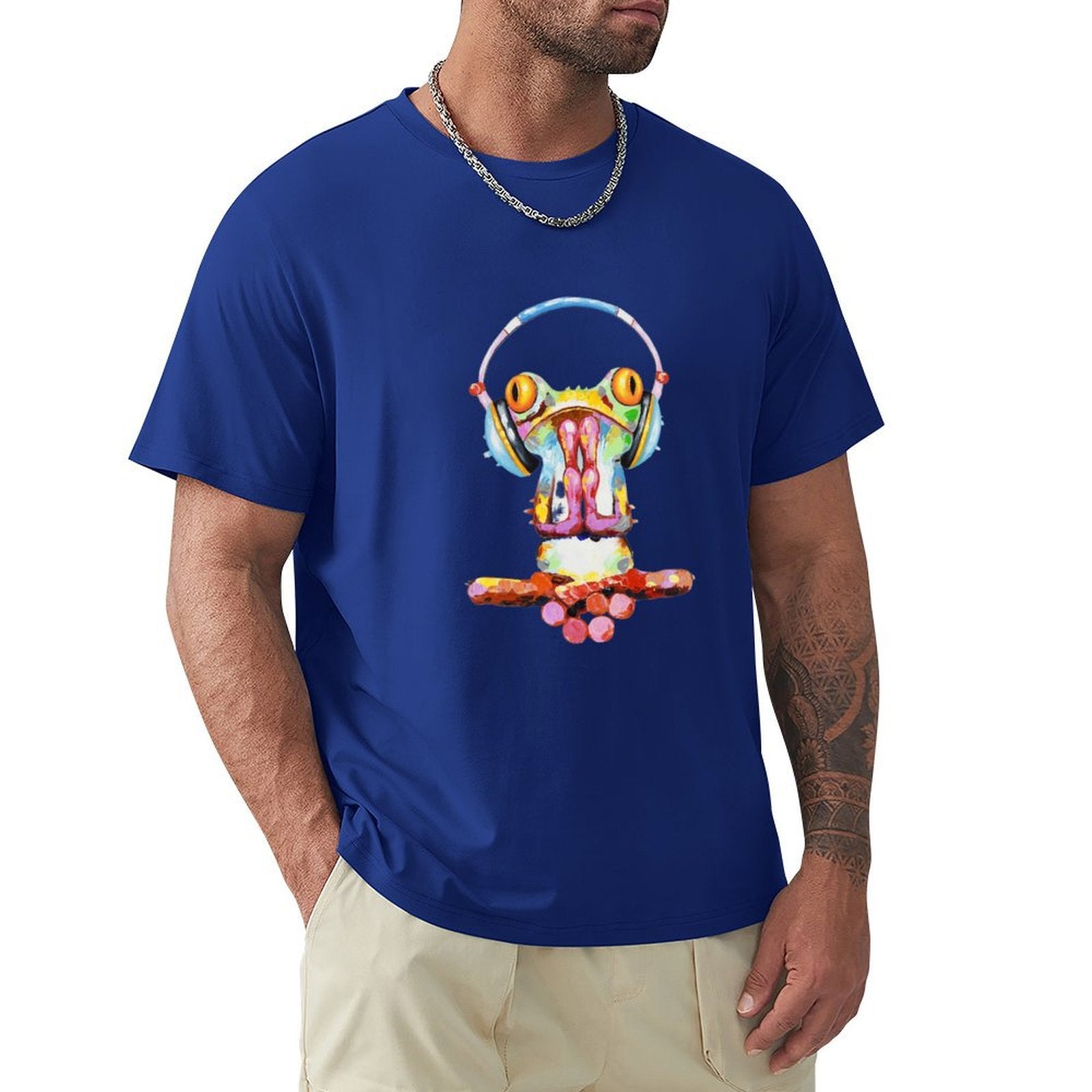 Men's blue crew neck t-shirt with frog art and headphones design, classic tee, MyArtsyGift