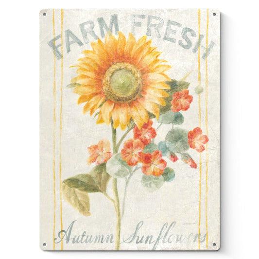 Autumn sunflower metal sign with 'Farm Fresh' inscription, ideal for home decor and gifting.