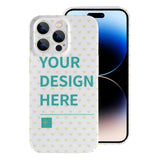 Custom iPhone 14 Pro case with 'YOUR DESIGN HERE' text, PC plastic, heart pattern, for personalization.