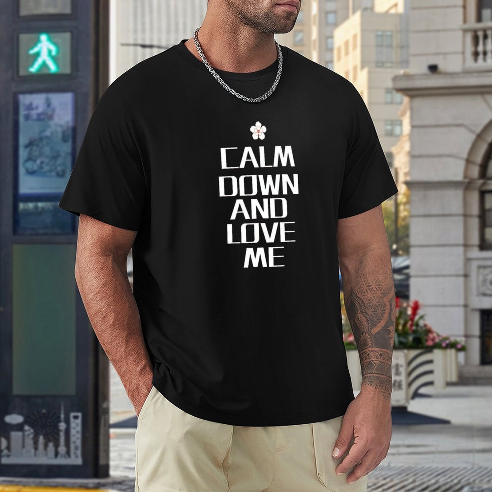 Men's black short-sleeve t-shirt with "Calm Down and Love Me" text, crew neck tee, MyArtsyGift