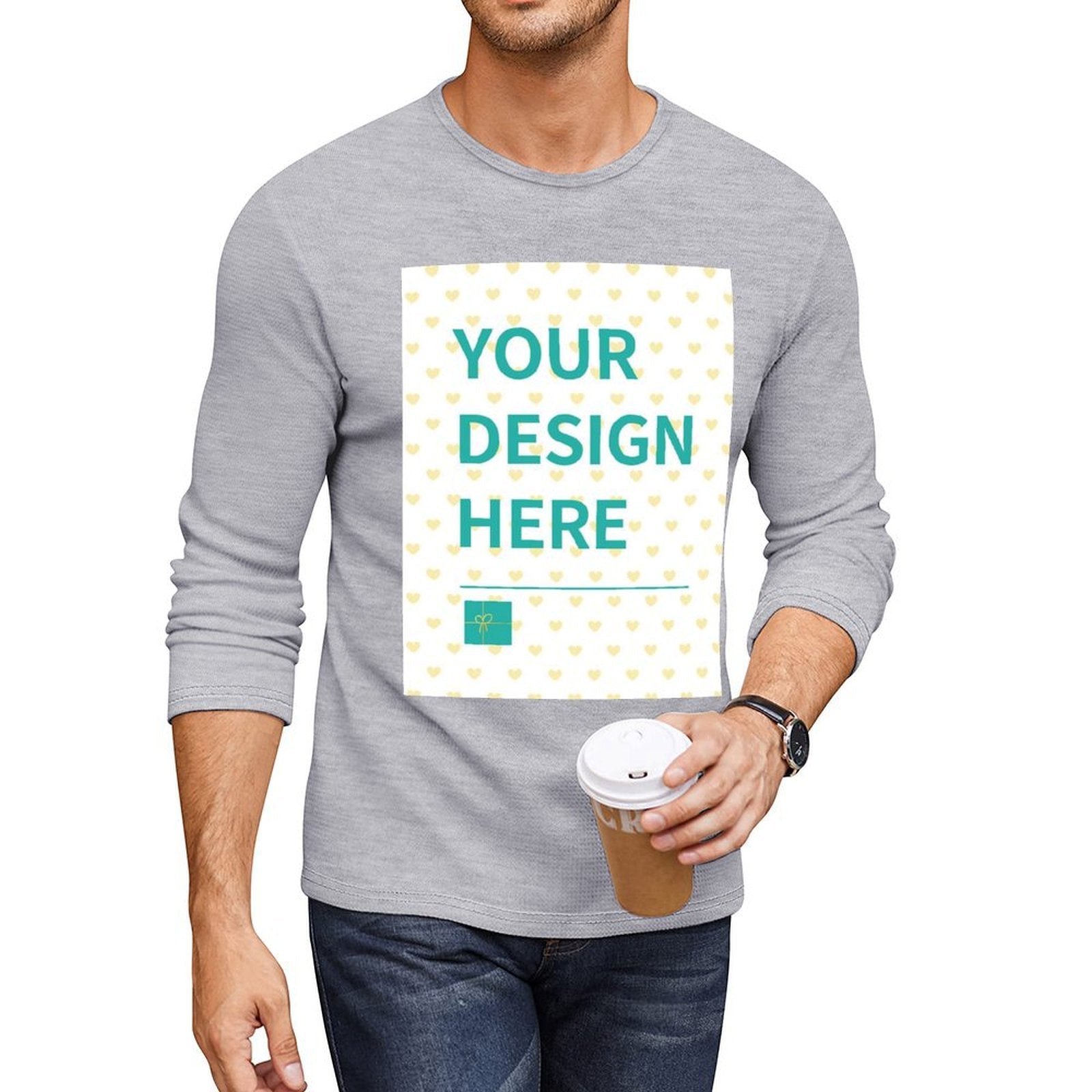 Custom Men's Long Sleeve T-shirt with "YOUR DESIGN HERE" design in light grey cotton. Personalized gift.
