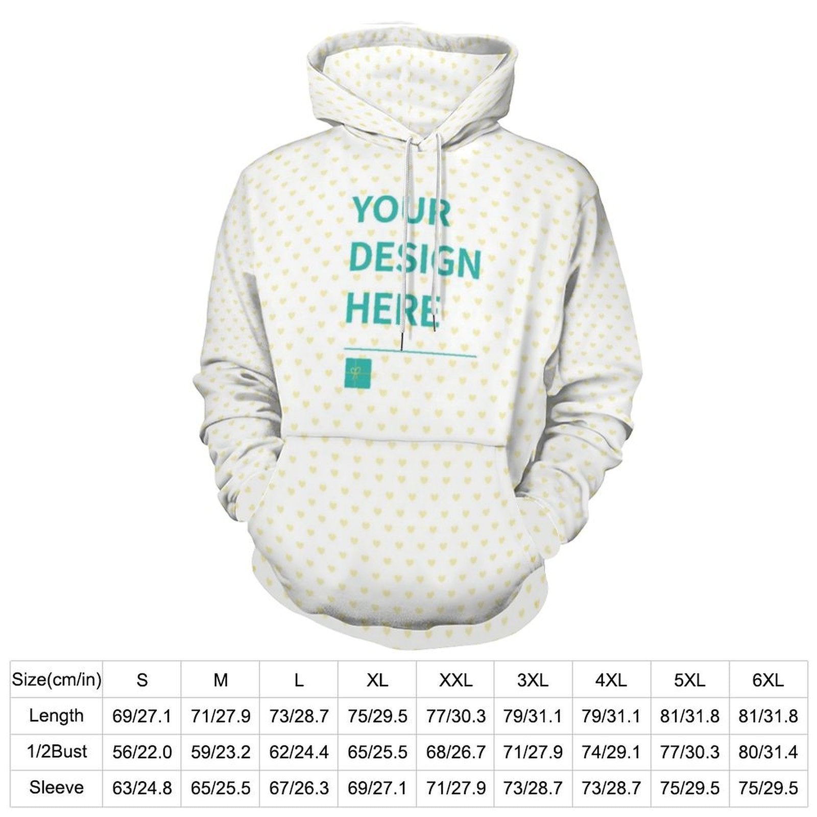 Customizable men's midweight cotton hoodie with heart pattern, text 'YOUR DESIGN HERE', from MyArtsyGift
