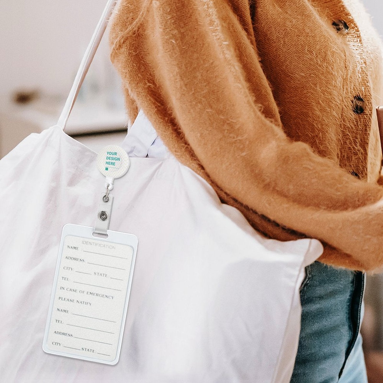 Custom badge reel holder with ID card, white PP material, customizable design for women and men.