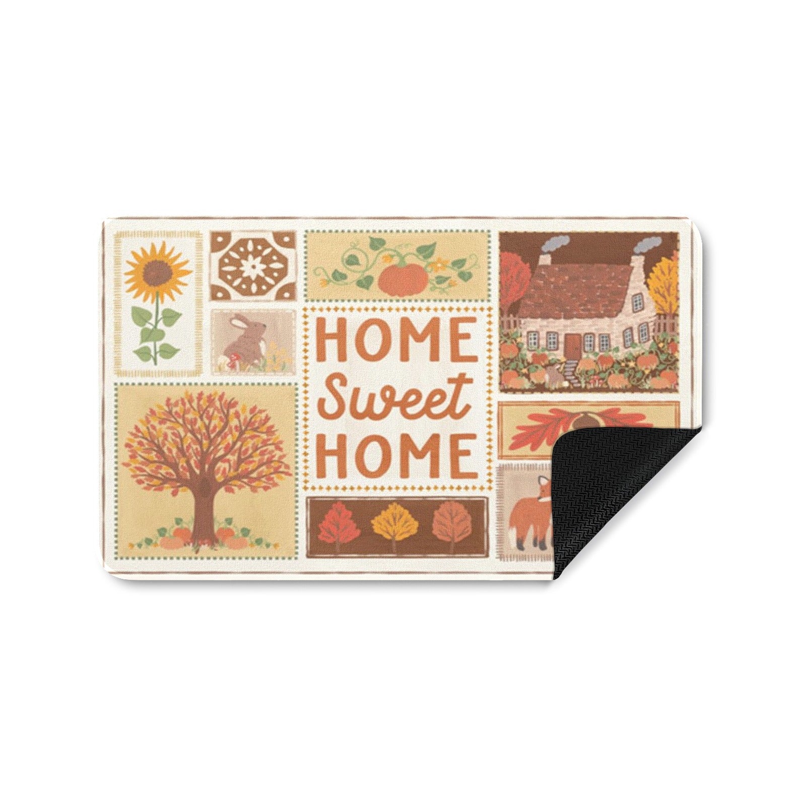 Autumn Entrance Doormat, featuring Home Sweet Home text and fall-themed design, made of durable rubber material.