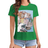 Green short sleeve crewneck t-shirt with colorful town graphic print from MyArtsyGift, casual wear.