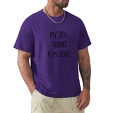 Men's purple crew neck t-shirt with 'My Dog Thinks I'm Cool' print, dog lover's classic tee