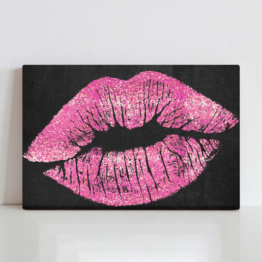 Pink kiss canvas print with glitter lips art, USA made, perfect gift for art lovers