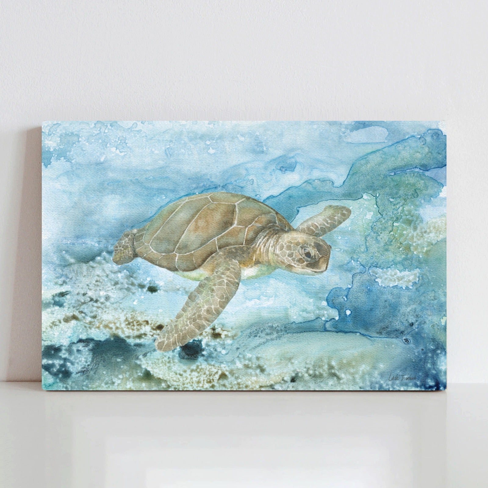 Sea Turtle Canvas Print. Watercolor painting of a sea turtle in blue ocean. USA made.