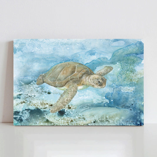 Sea Turtle Canvas Print. Watercolor painting of a sea turtle in blue ocean. USA made.