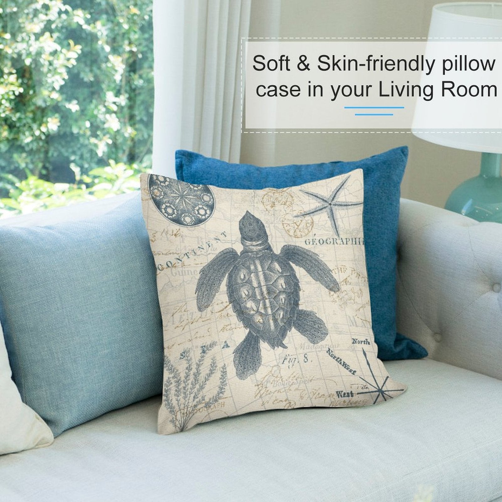 Sea turtle map design plush pillow cover, soft and skin-friendly, for sofa, living room decor