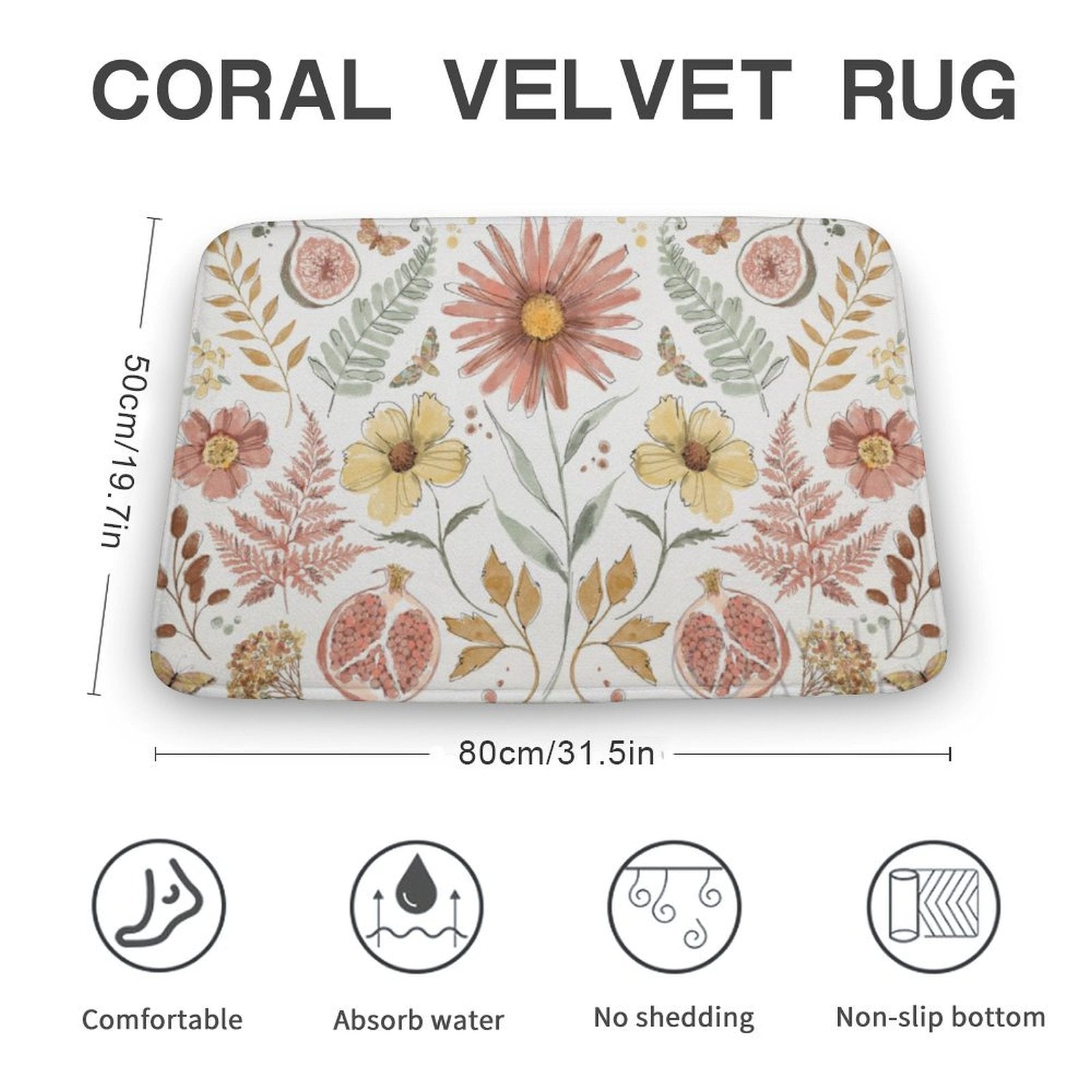 Coral velvet floral bath rug with non-slip bottom, absorbent and comfortable.