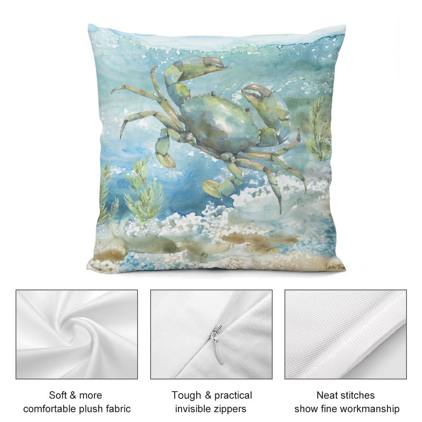 Watercolor crab pillow cover. Soft plush fabric, decorative pillow for sofa. Coastal home decor.