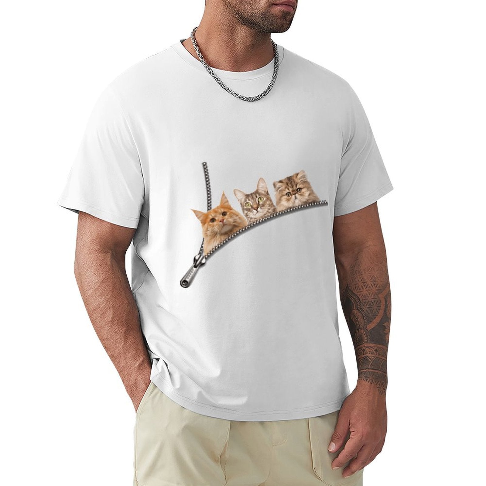 Men's white t-shirt with cat zipper pocket design. Classic crew neck tee for cat lovers.