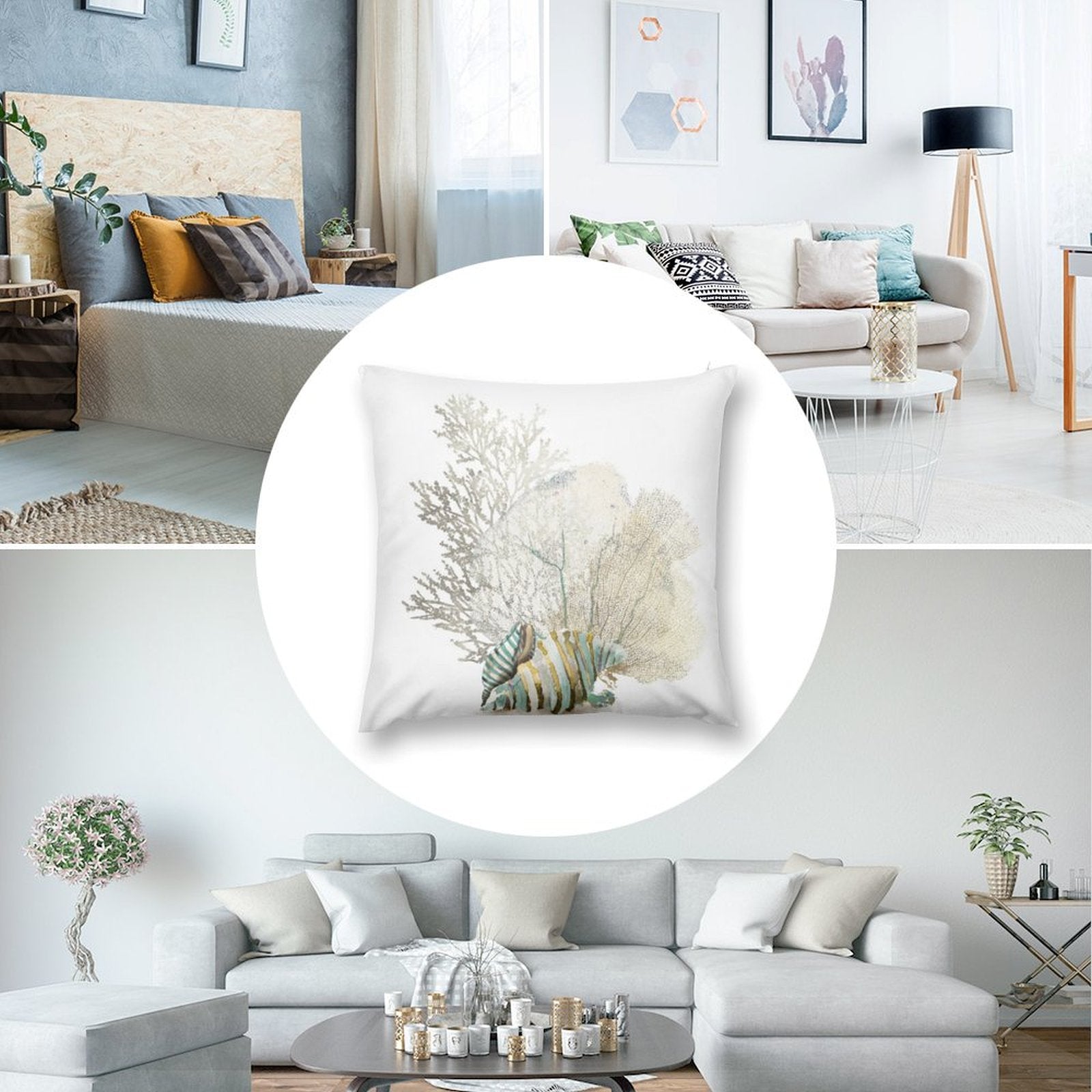 Seashell and coral print plush pillow cover for living room, MyArtsyGift decor, soft and cozy