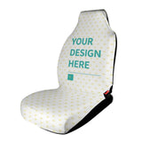 Customizable car seat cover. Features a white cover with yellow heart pattern. Includes "YOUR DESIGN HERE" text, black trim.