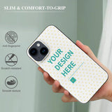 Custom iPhone 14 case with 'YOUR DESIGN HERE' design, heart pattern, protective TPU material, anti-fingerprint, MyArtsyGift