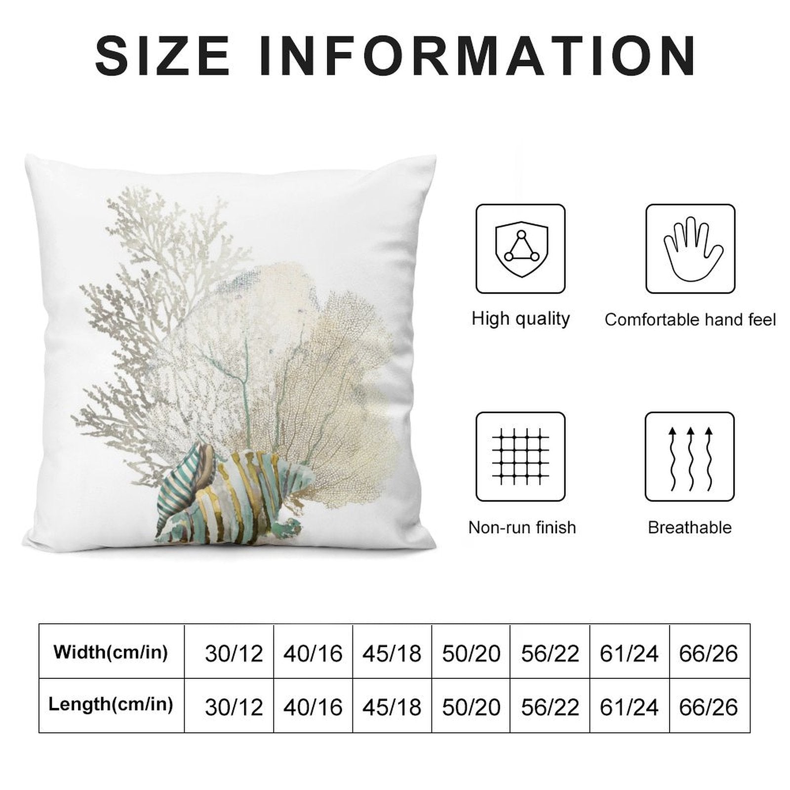 Luxury soft plush pillow cover with seashell and coral art, breathable and non-run finish, for sofa and living room decor