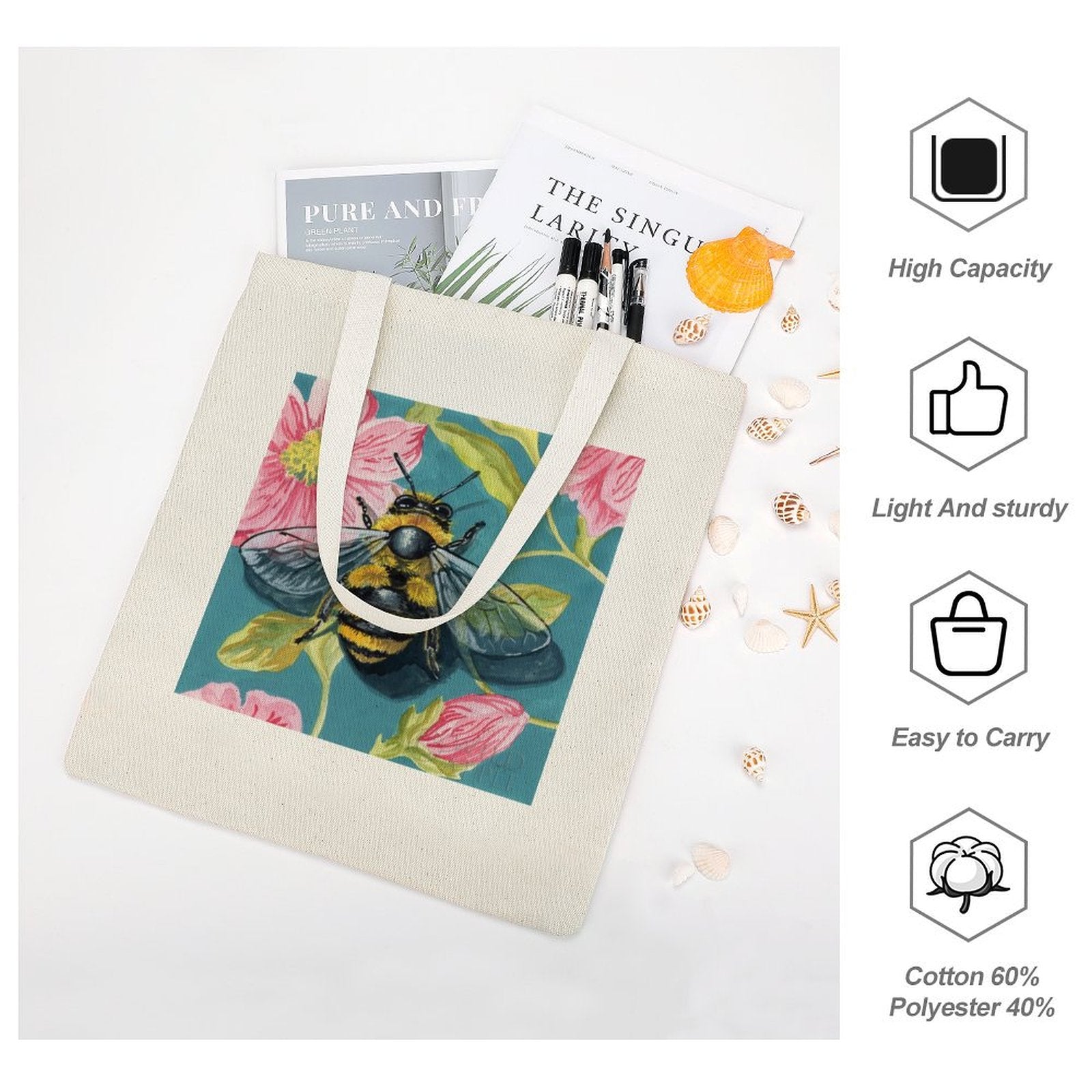 Personalized canvas tote bag with bee and floral design, 60% cotton, 40% polyester, perfect for shopping and everyday use