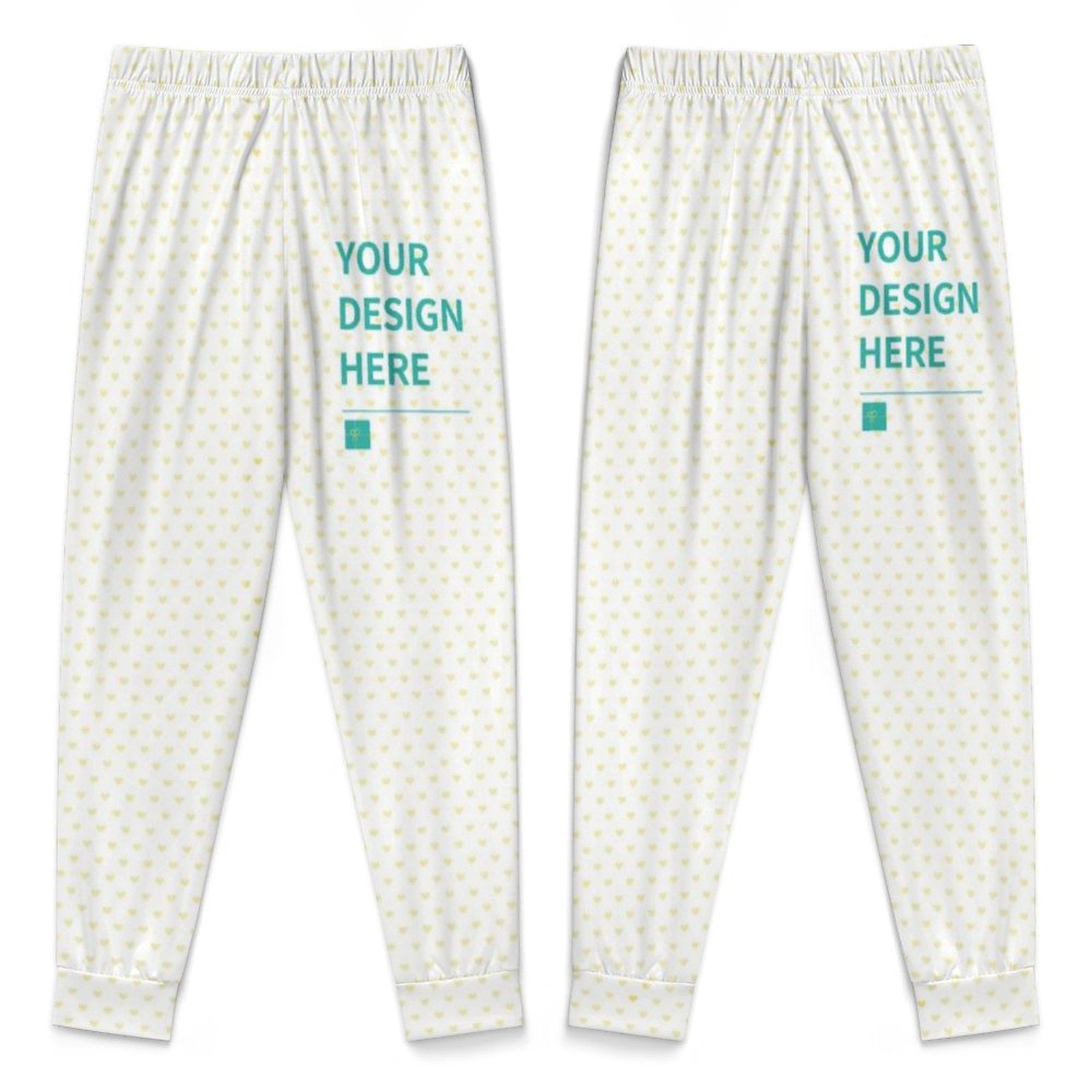 Customizable toddler boys pajamas set, white with heart pattern, featuring 'YOUR DESIGN HERE' text, MyArtsyGift.