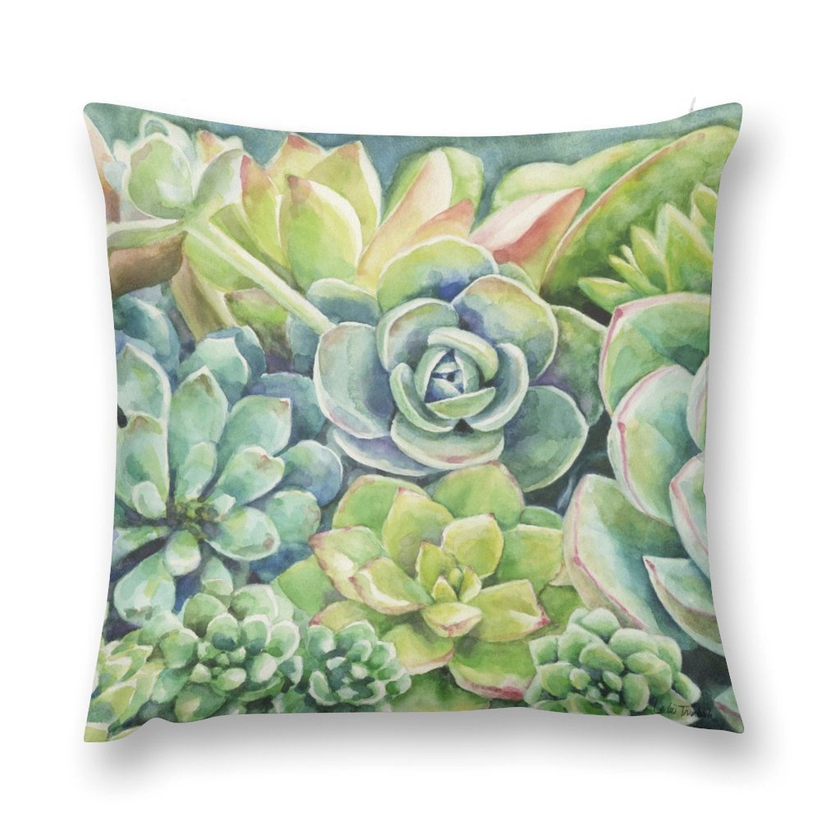 Succulent plant pillow cover for sofa and living room. Green and blue watercolor design.