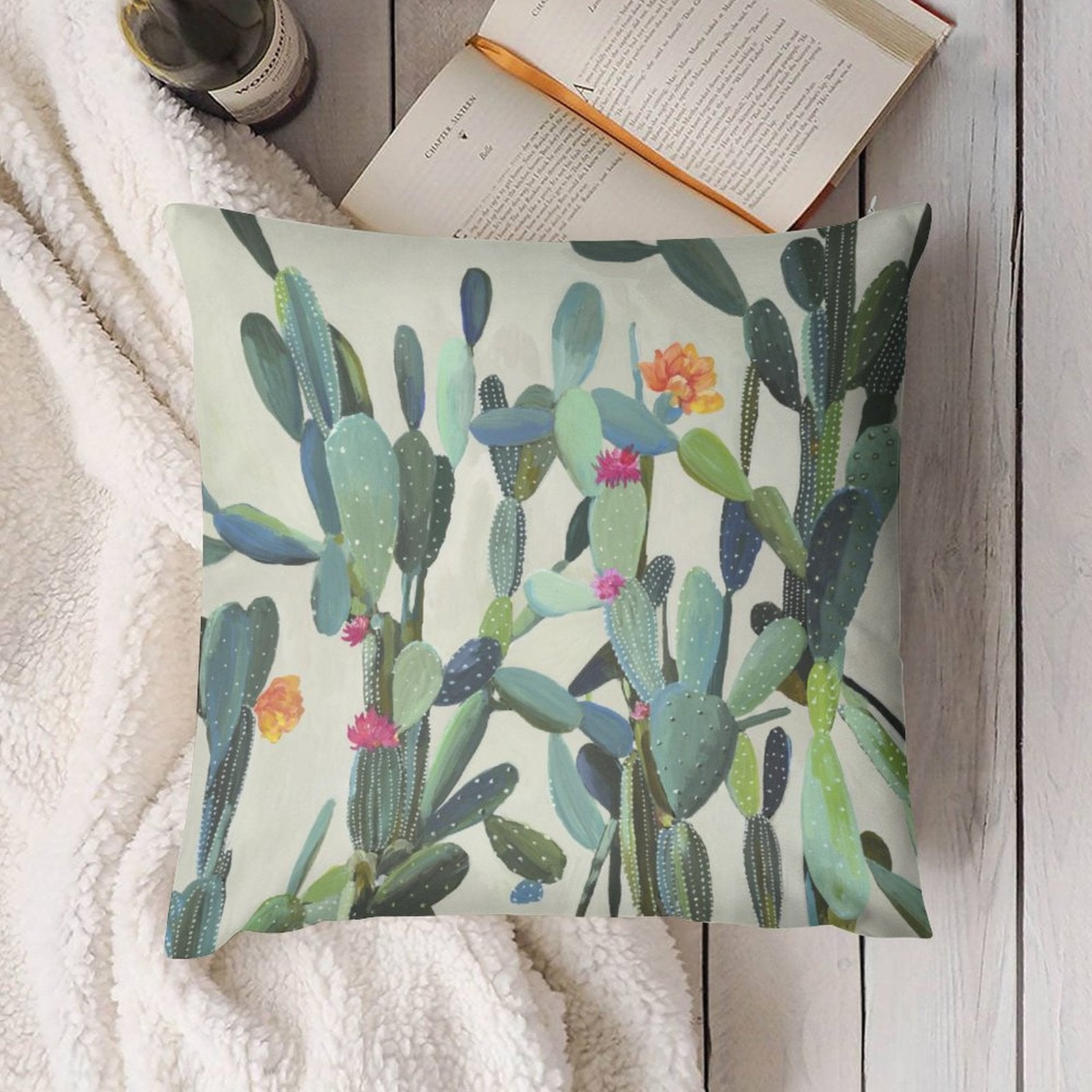 Cactus print plush pillow cover with soft, fluffy fabric, decorative design for sofa and living room, from MyArtsyGift.