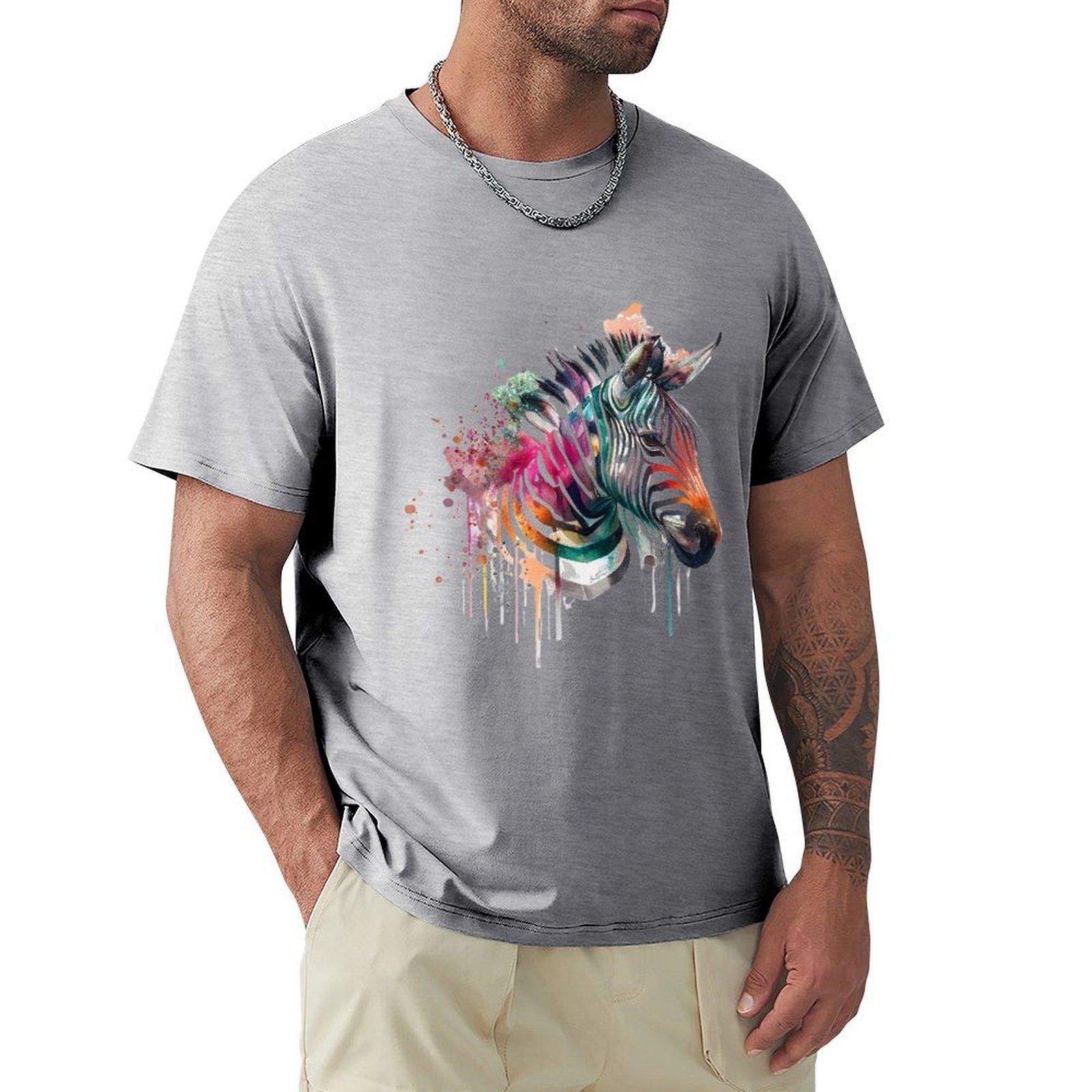 MyArtsyGift Men's grey cotton t-shirt featuring watercolor zebra design. Crew neck tee, comfortable.