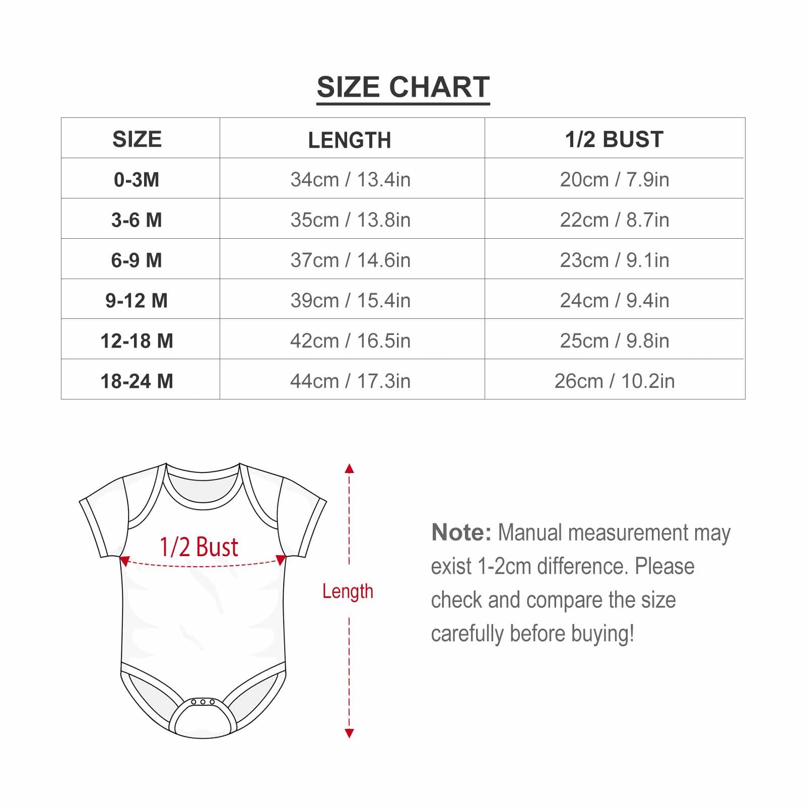 Infant bodysuit size chart. Includes length and bust measurements in cm and inches. Please check size carefully.