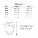 Infant bodysuit size chart. Includes length and bust measurements in cm and inches. Please check size carefully.